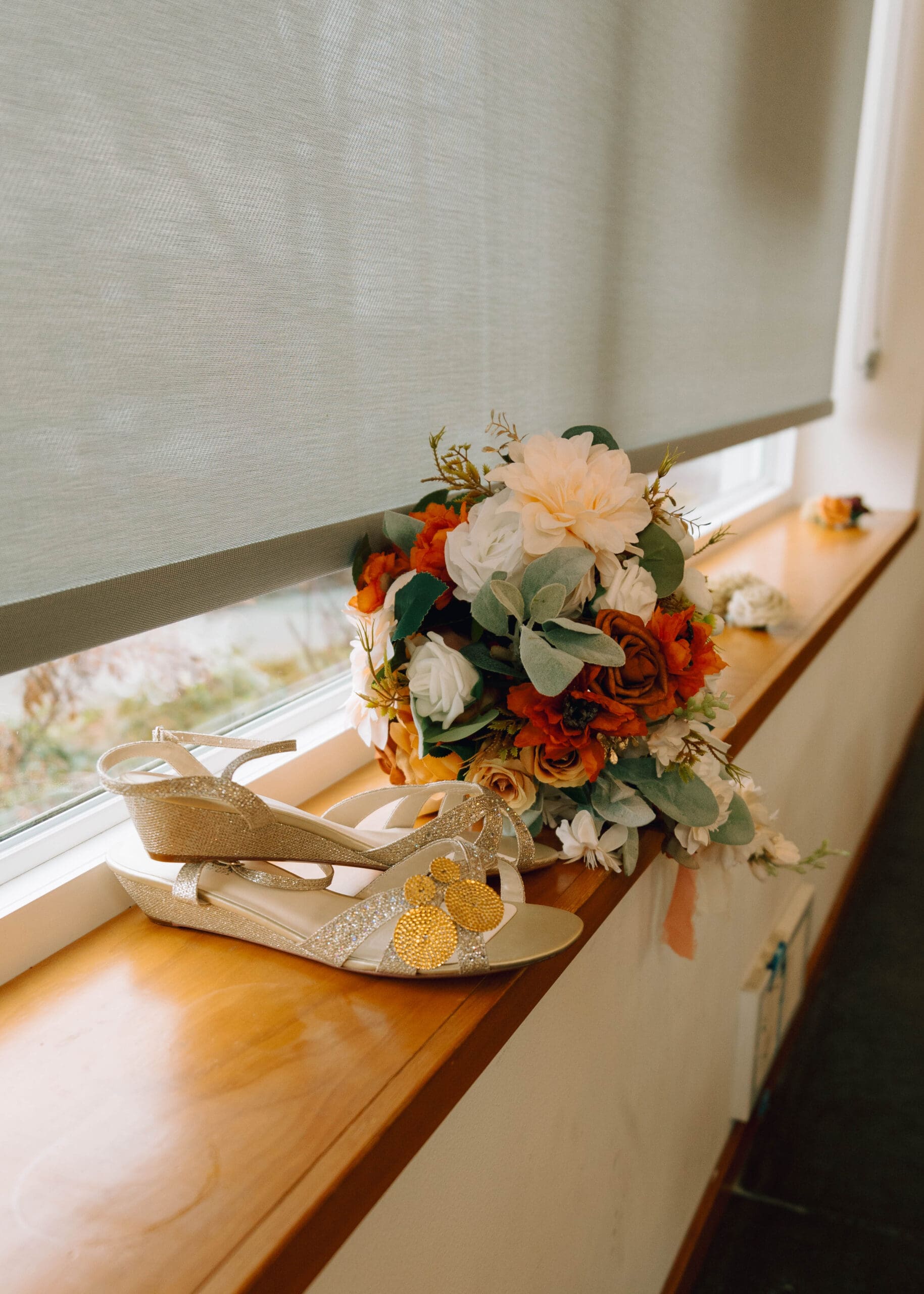 wedding flat lay with bouquet