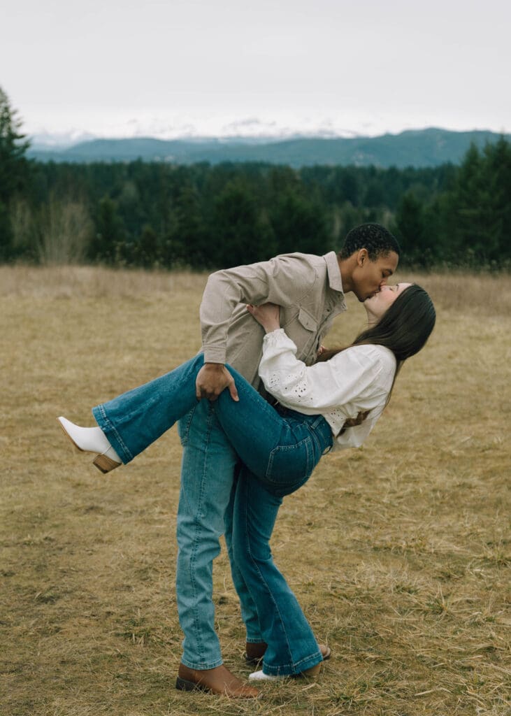 country dip and kiss for engagement photos