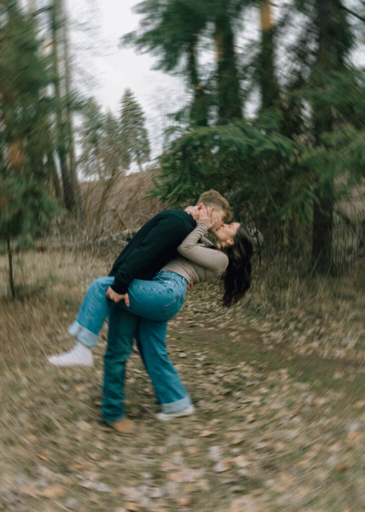 motion blur dip and kiss in the woods