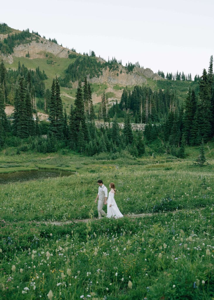 couple walking hand in hand through wildflowers in summer at national park