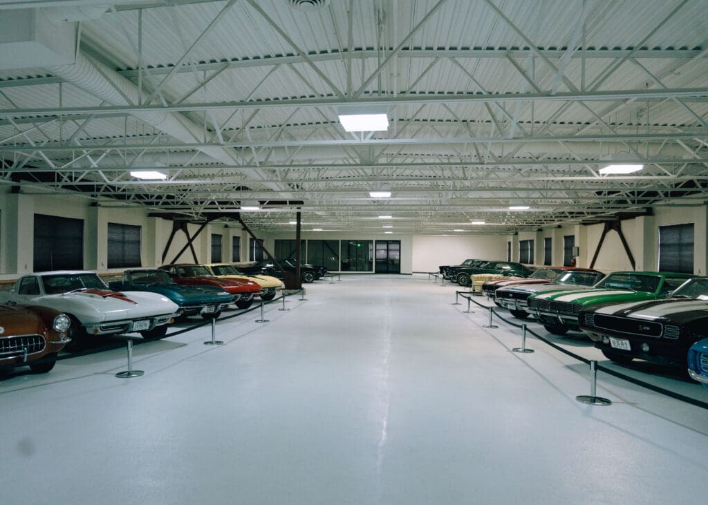 large garage of vintage cars at Historic 1625