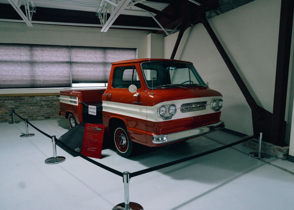 vintage red truck in garage at Tacoma wedding venue 