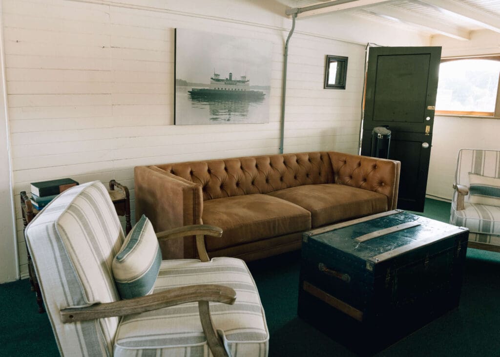 bride's room with comfortable couches on a ferry wedding venue in Seattle