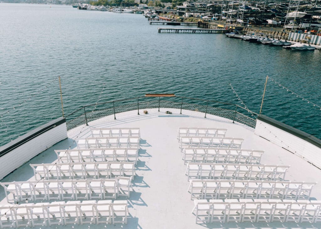 the deck of the MV Skansonia set up for a wedding ceremony