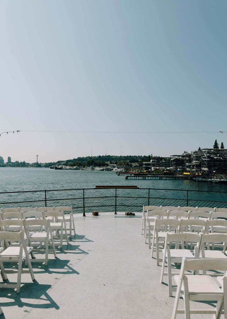 view of Seattle and the space needle from the deck of decommissioned ferry turned into a wedding venue