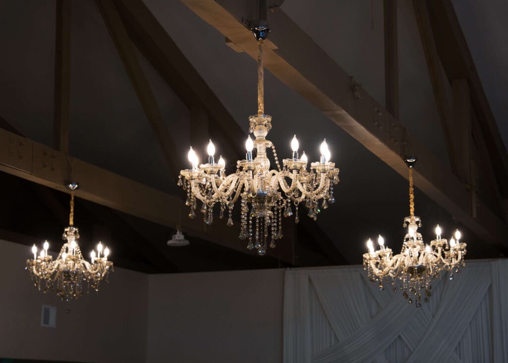 chandeliers hanging from Tacoma wedding venue ceiling